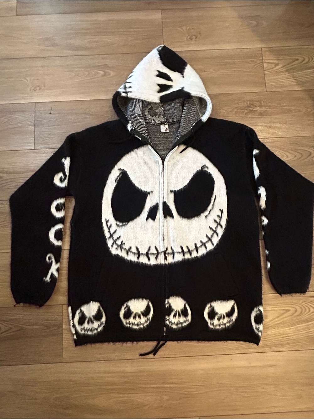 Handmade Ecuador Wool Jack Skellington Hooded Zip Sweater XL Unisex